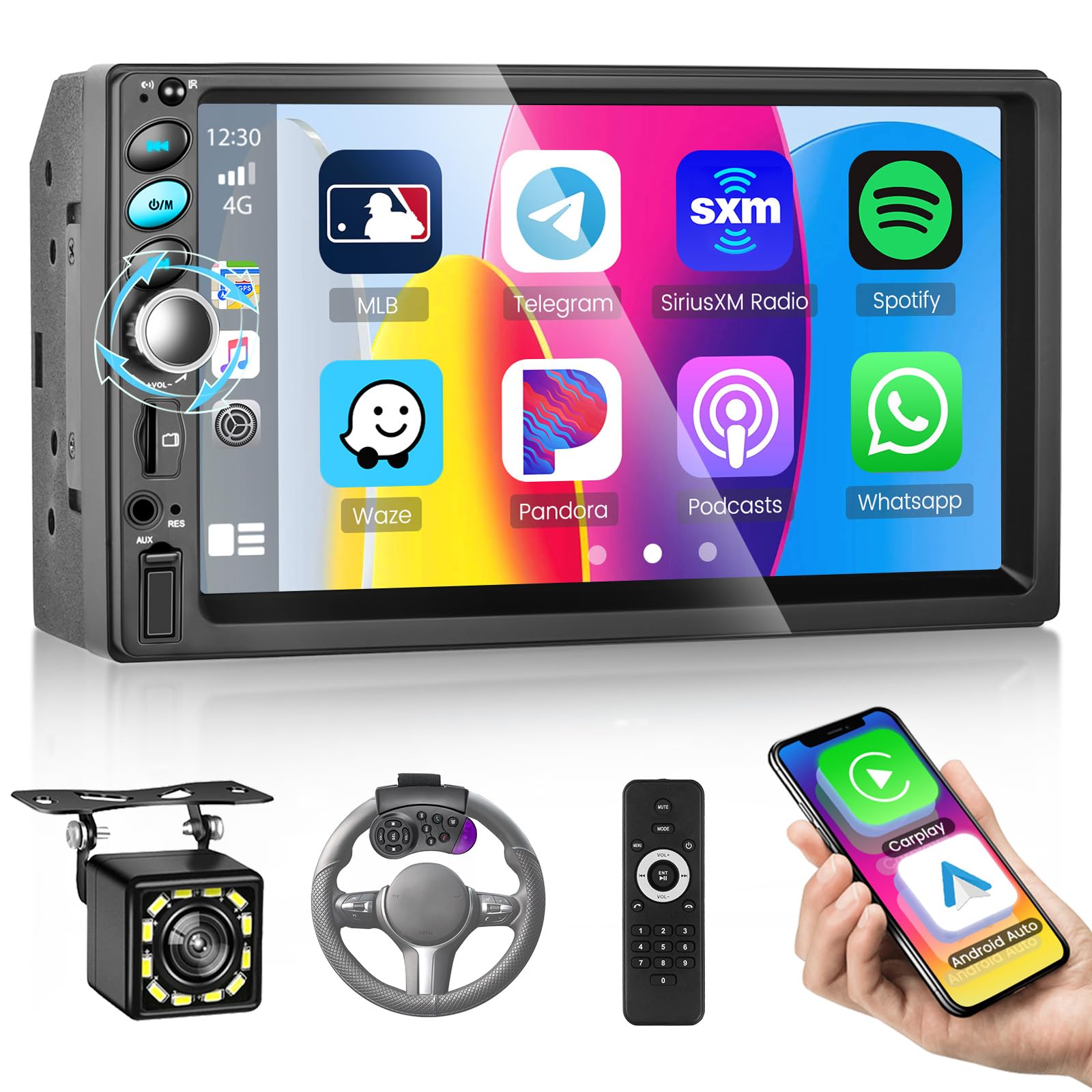 Photo 1 of Double Din Car Stereo with CarPlay Android Auto, 7 Inch Touch Screen Car Radio Bluetooth 5.1 with Carplay, Car MP3 Phone Mirror Link FM SWC USB/TF/AUX Button Lights Remote Control