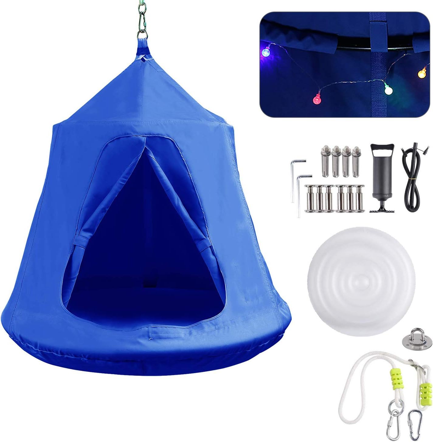 Femor 110 * 120cm Hanging Hammock, 100kg/220lbs Max Load Swing Chair, Water-proof Hanging Tent with LED Lights, Inflatable Cushion, Curtain and Full Accessories (Blue)