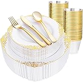 Hioasis 300pcs White and Gold Plastic Plates - Disposable Dinnerware Set Suitable for 50 Guests Include 10.25" Dinner & 7.5" Dessert Plates,Silverware Set, Cups for Wedding(NO Napkins Included)