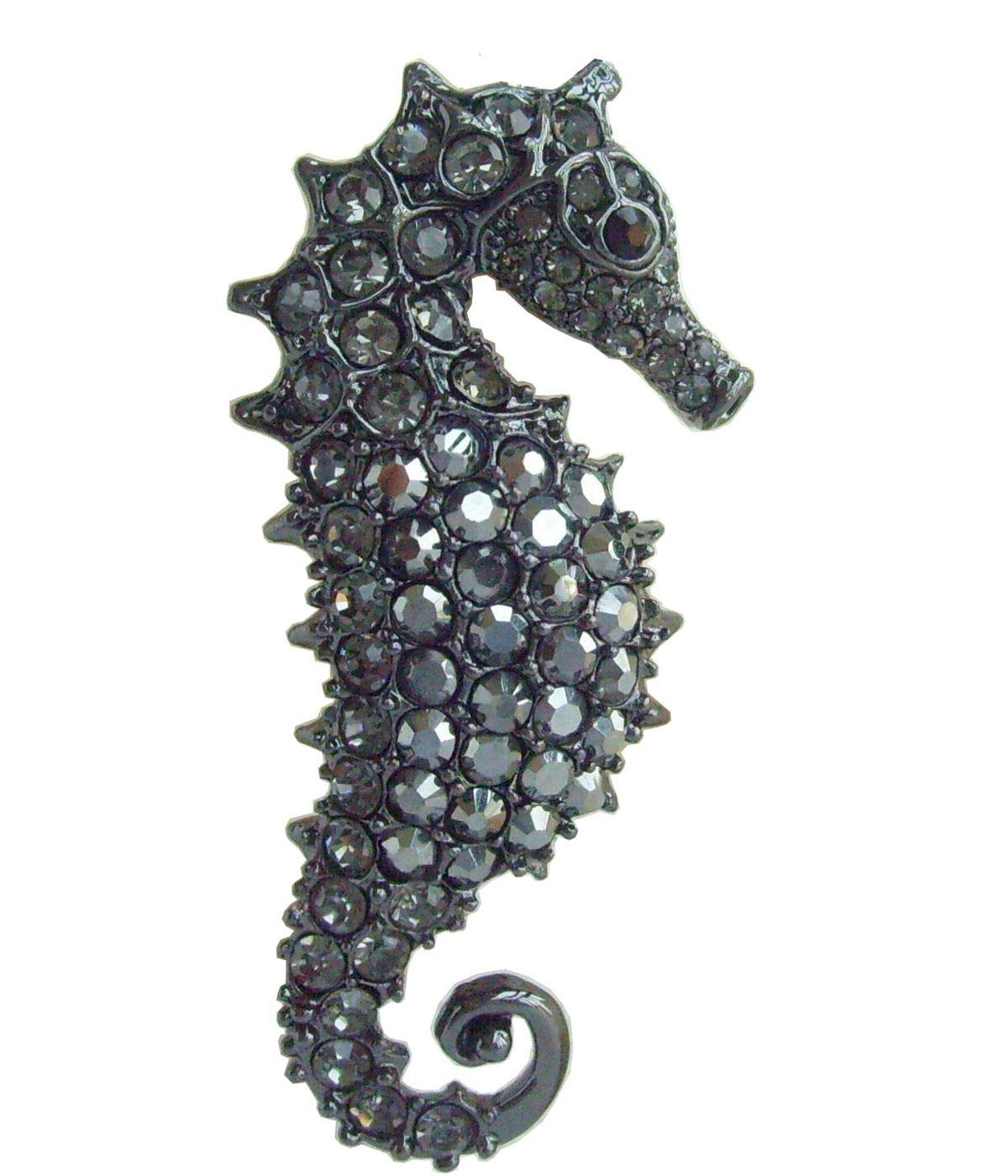 2.16" Lovely Animal Seahorse Brooch Pin Pendant Austrian Crystal UKB2254 (Black-Tone Black Gray)