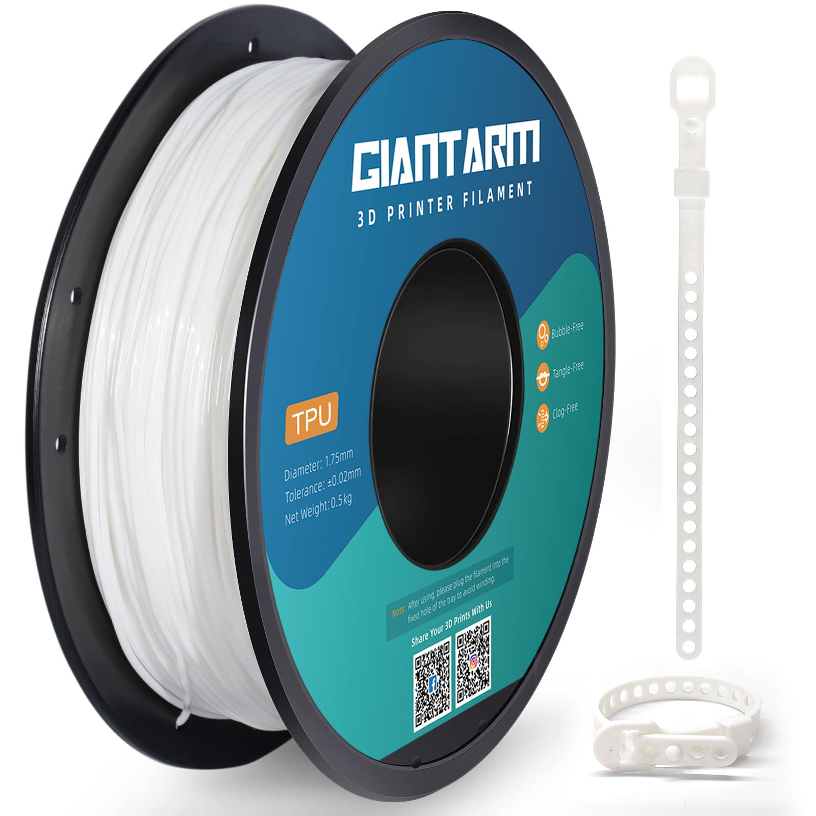 TPU,3D Printer Filament,GIANTARM TPU Filament 1.75mm,Dimensional Accuracy +/- 0.02 mm,0.4kg,White