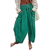 Lingjiazi Womens Striped Lantern Harem Pants Elastic Drawstring Lounge Palazzo Pants Trousers with Pockets