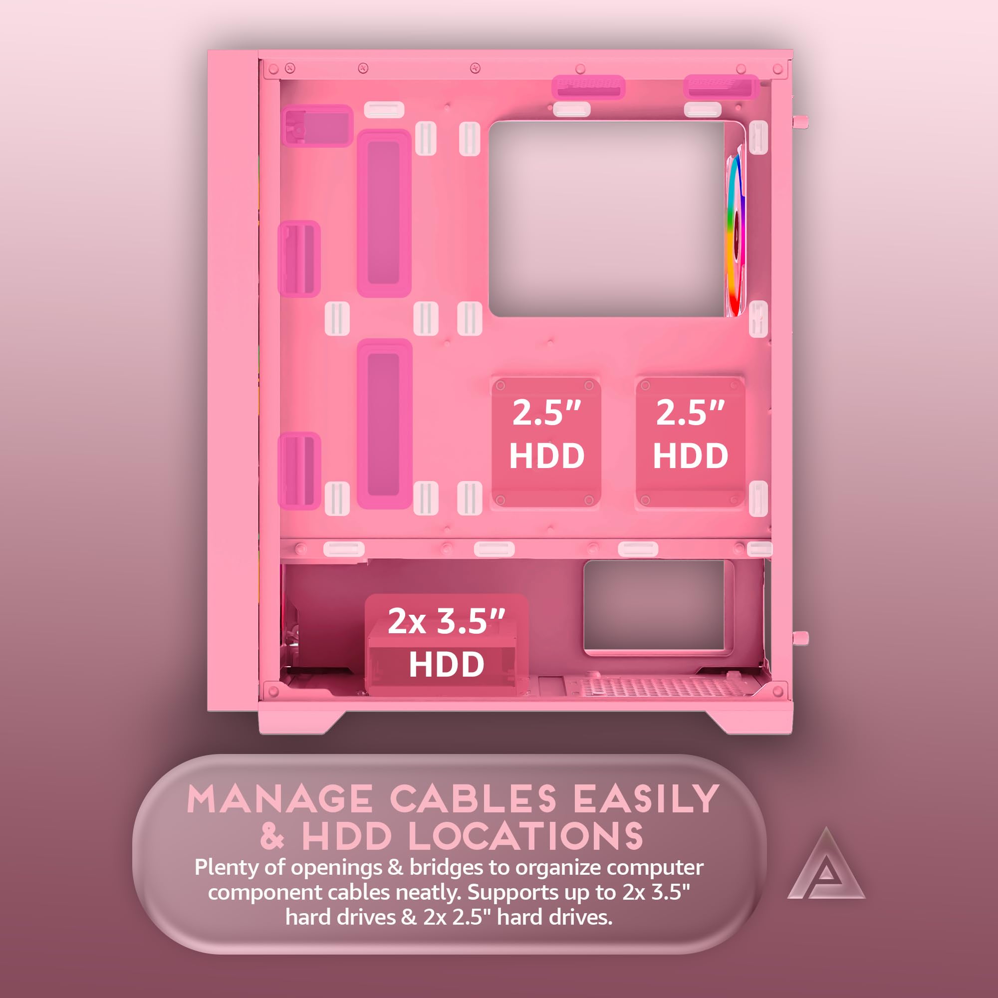 Apevia Inspire-PK Inspire Mid Tower ATX Gaming PC Case w/ 4X 120mm ARGB Fans, 366 RGB Light Modes, 1x Metal Mesh Airflow Front Panel, 1x Door Swivel Style Magnetic Glass Side Panel, 2X USB3.0, Pink