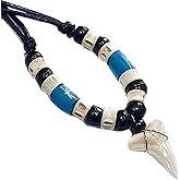 Swimmi Natural Mako Shark Tooth Pendant Surfer Beads Cord Necklace for Men Women GA380, Blue, White, Black