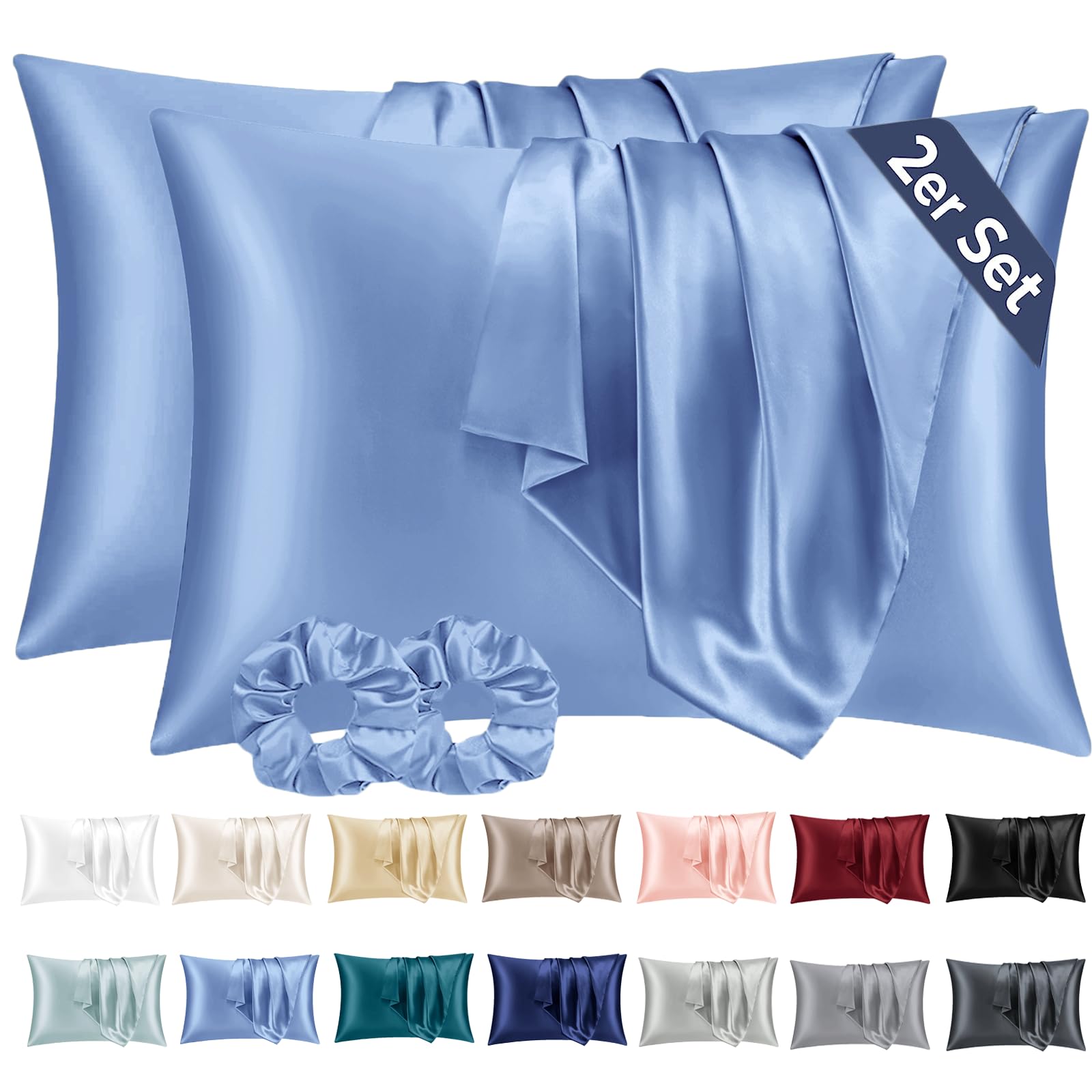 Vielit 2 Pack Satin Pillowcase for Hair and Skin,Soft as Silk Pillowcases for Hair and Skin,Easier Care than Silk Pillow Case Blue Pillowcases for 40x60cm Pillow Envelope & 2 Scrunchies