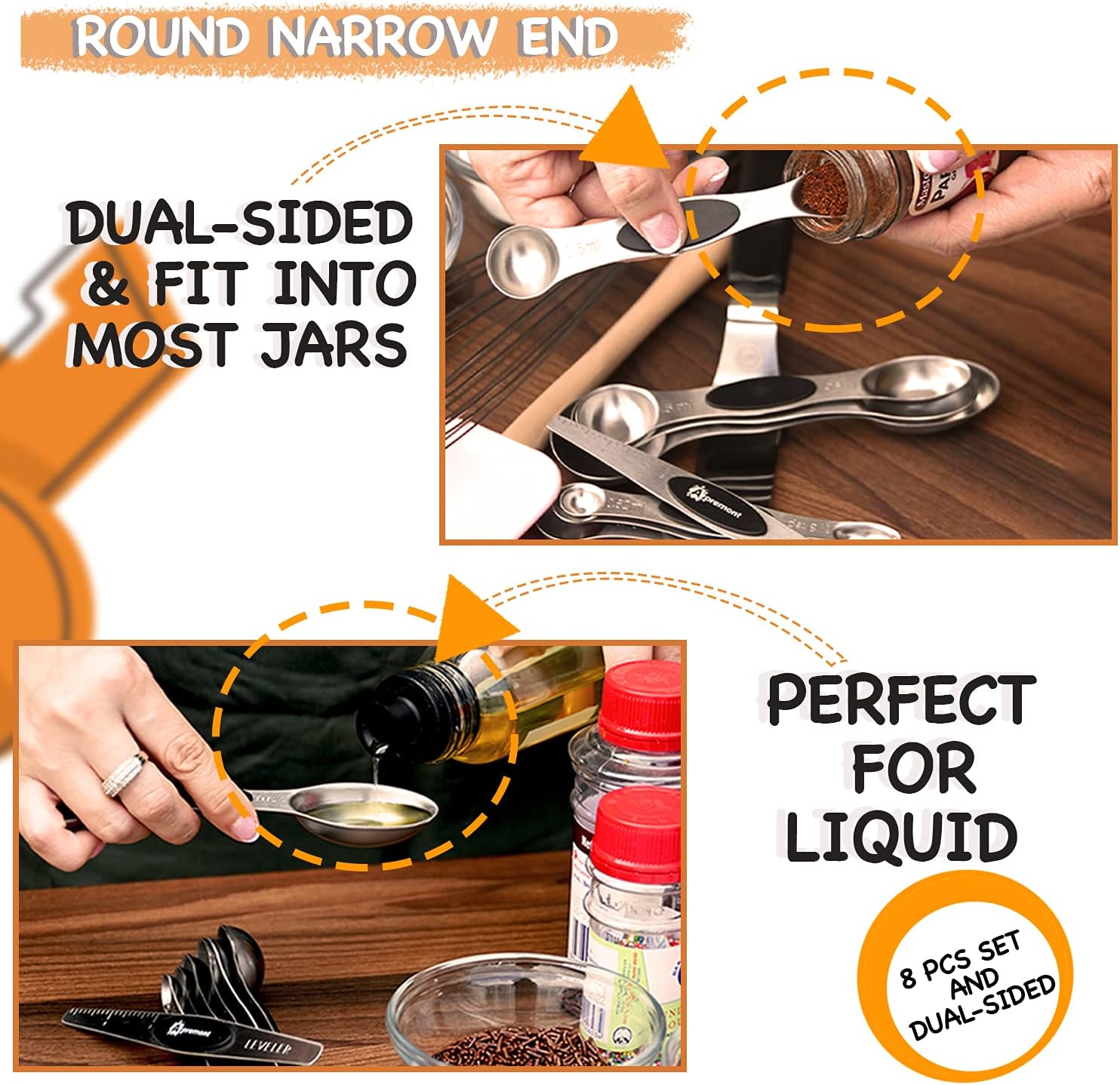 Heavy Duty Magnetic Engraved Stainless Steel Metal Measuring Spoons for Dry or Liquid, Fits in Spice Jar, Set of 8 with bonus Leveler - APREMONT: Kitchen & Dining