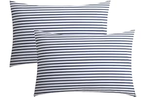 JELLYMONI 100% Natural Cotton Striped Standard Pillowcases Set, 2 Pack White and Dark Blue Stripes Pattern Printed Pillow Covers with Envelope Closure(Pillows are not Included)