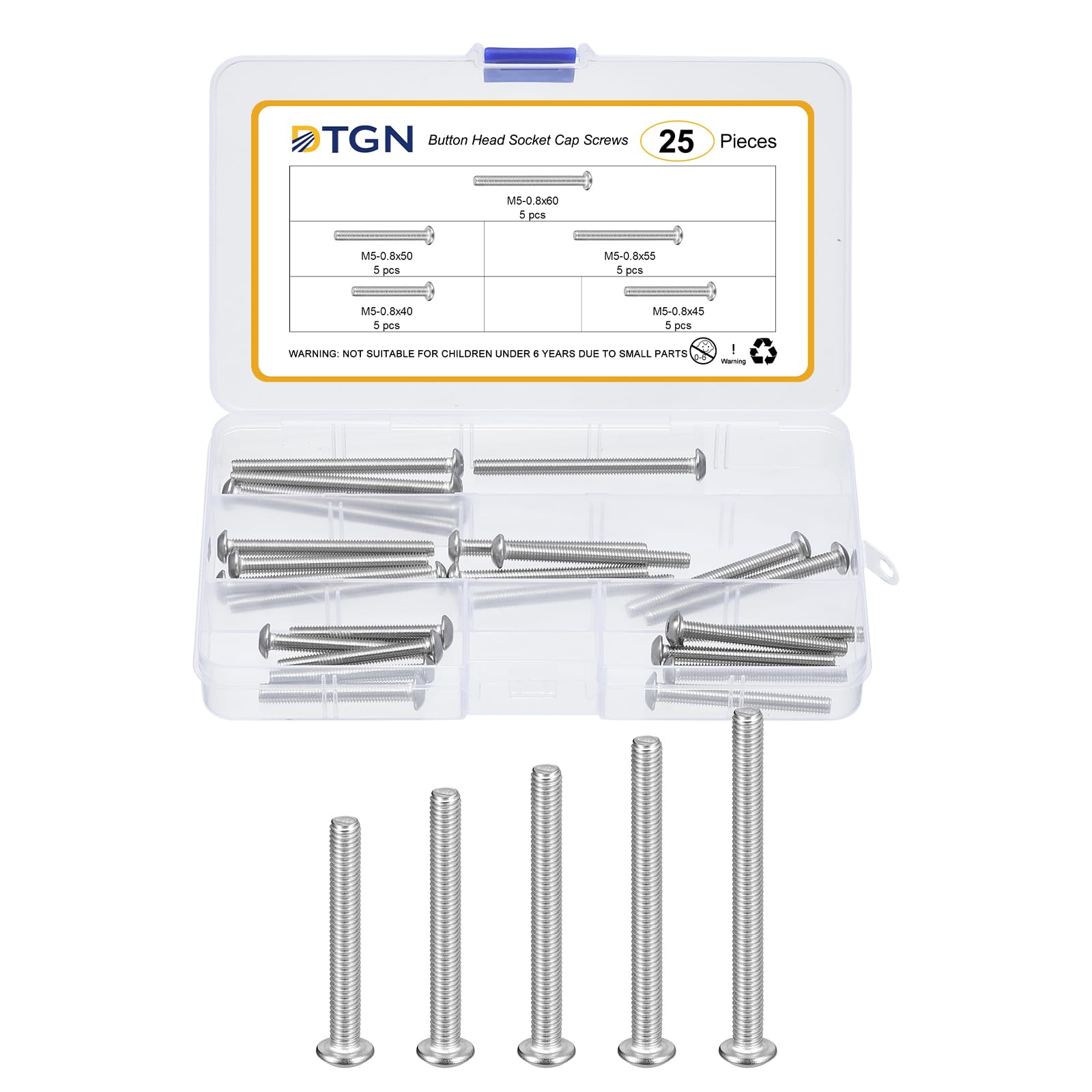 DTGN 25Pcs M5-0.8x40/45/50/55/60mm Button Head Socket Cap Screws - 304 Stainless Steel Bolt Nut Set Washer Assortment Kit - Good for Road Bicycle, Mountain Bike, Auto