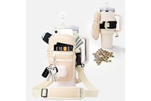 JIECH Water Bottle Holder with Strap Water Bottle Pouch for Stanley 40oz/30oz Tumbler Water Bottle Carrier Purse with Phone & Earphone Pocket for Stanley Cup Accessories with Straw Cover, A-Z Letter Charms
