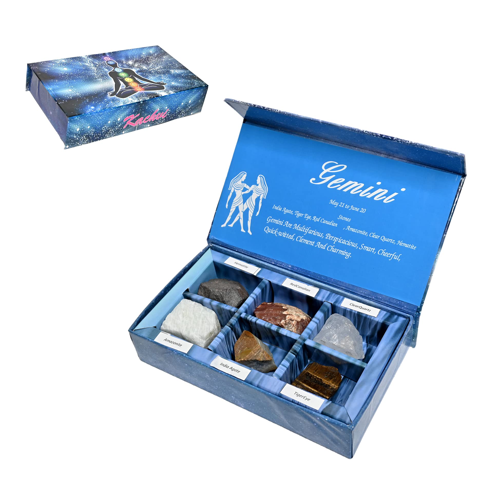 KACHVI Crystal Gemini Gifts-Zodiac Signs Stones to Complement The Birthstones-Natural Healing Crystals with Horoscope Box Set