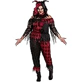 Women's Plus Size Jinxed Jester Clown Costume, Premium Top, Pants & Headband Outfit