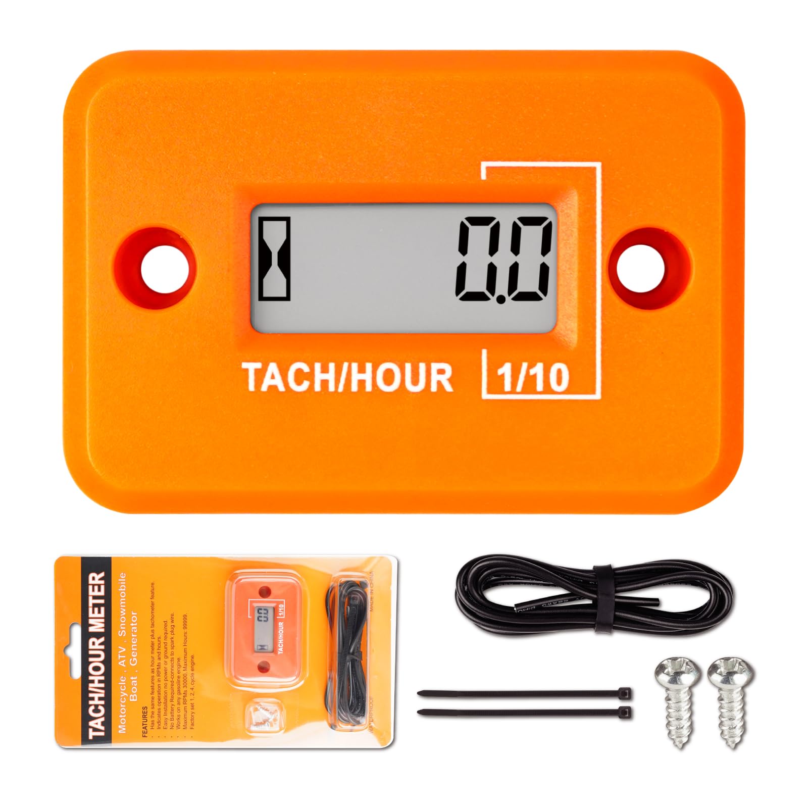 Jayron Tach Hour Meter Digital LCD Inductive Tachometer No Battery Powerful Timing RPM measuring Waterproof Design,for gas Engine Lawn Mower Motorcycle Snowmobile Generator (2 Stroke) (Orange)