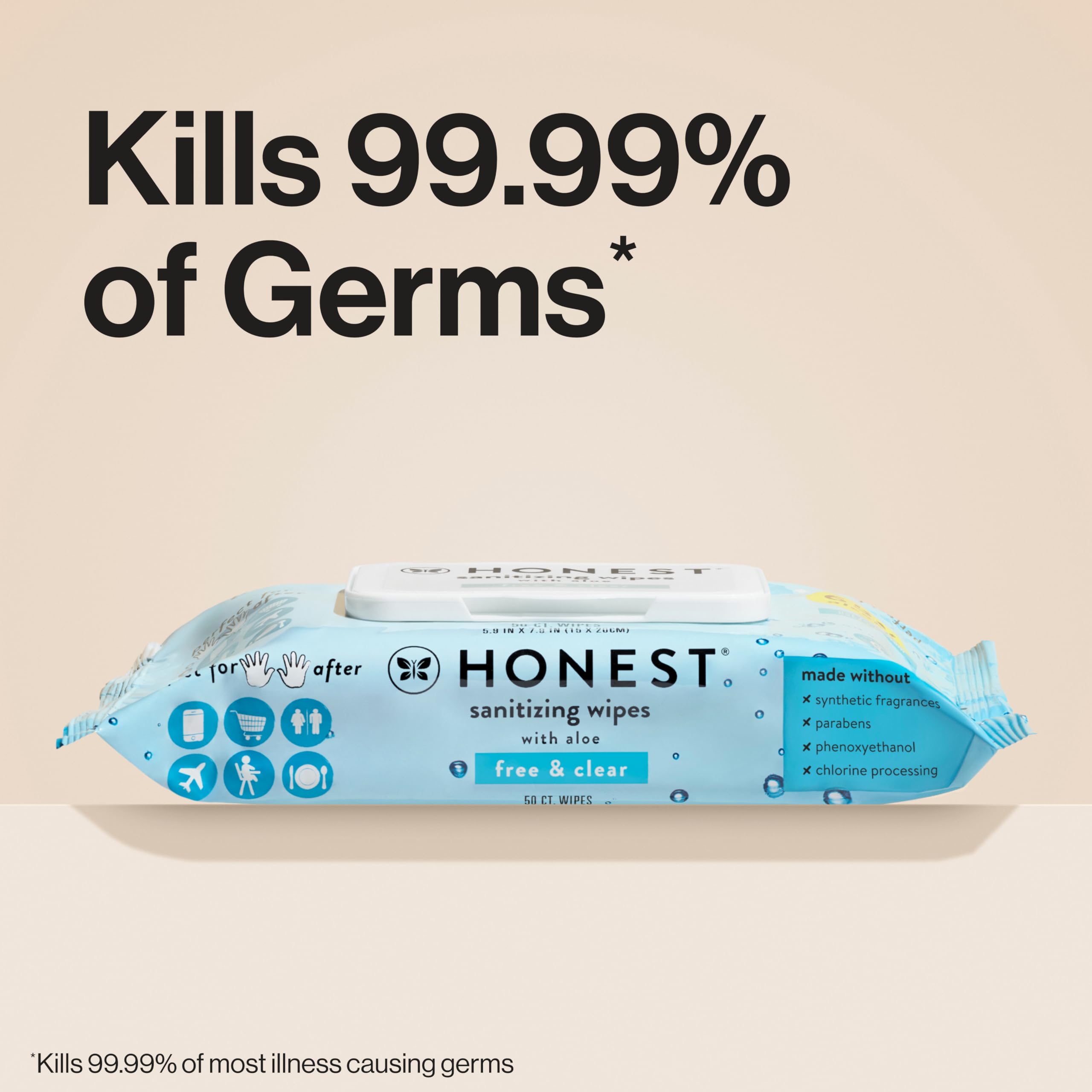 The Honest Company Fragrance Free Sanitizing Alcohol Wipes | Antibacterial + Safe for Hands | Kills 99% of Germs, Made With Aloe | 150 Count (3 Packs of 50)