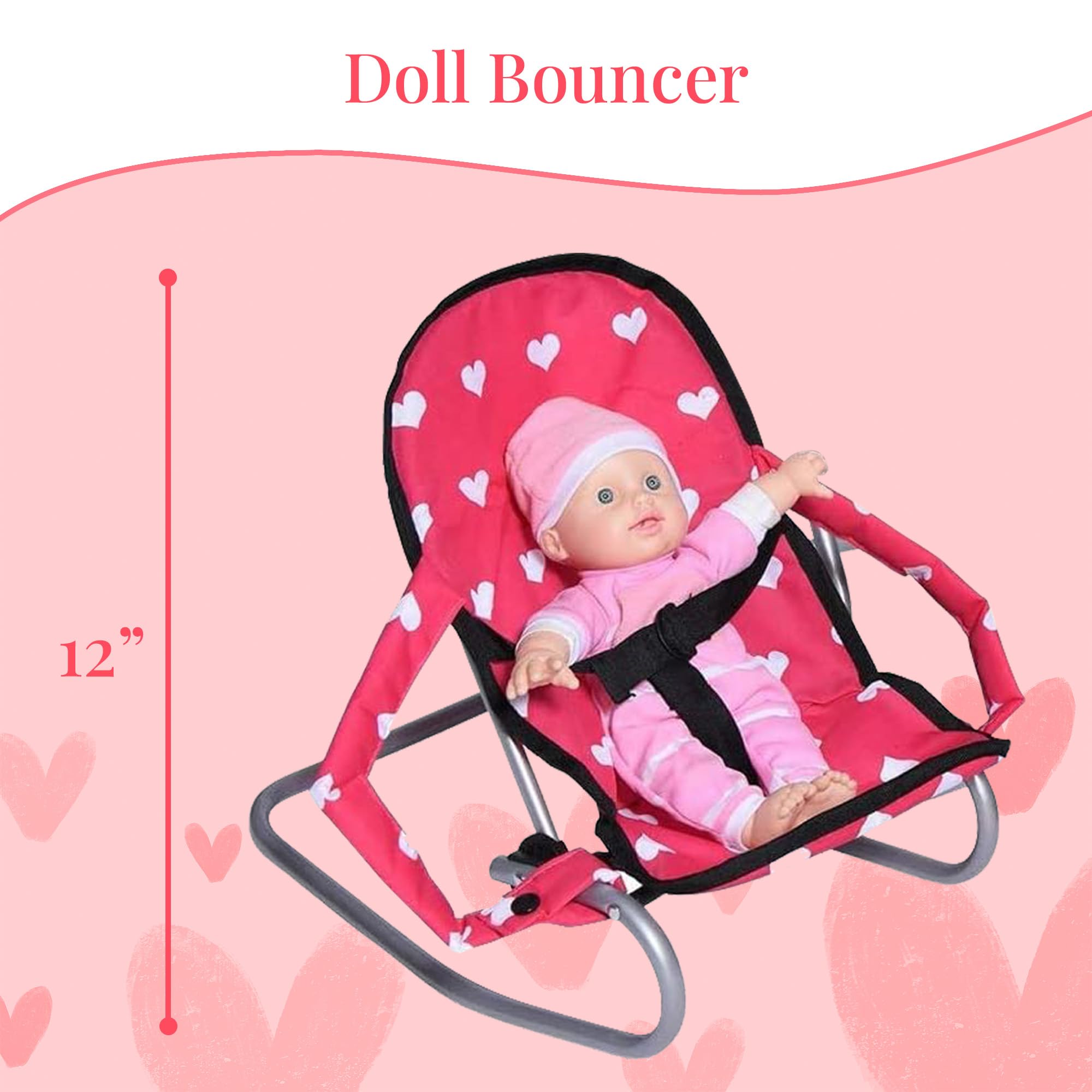 Mega Baby Doll Accessories Set, 3-1 Baby Doll Crib, Baby Doll High Chair & Bouncer Seat. 18 inch Doll Accessories with Doll Bed. 18