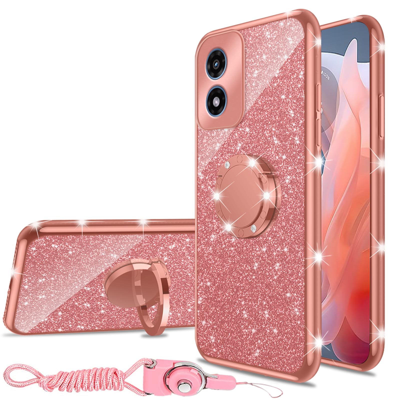 nancheng for (6.5-inch) Motorola Moto G Play 2024 Phone Case Girls Women Cute Glitter Luxury Soft Silicone Clear Case with Ring Stand Strap Lanyard Shockproof Protection Cover - Rose Gold