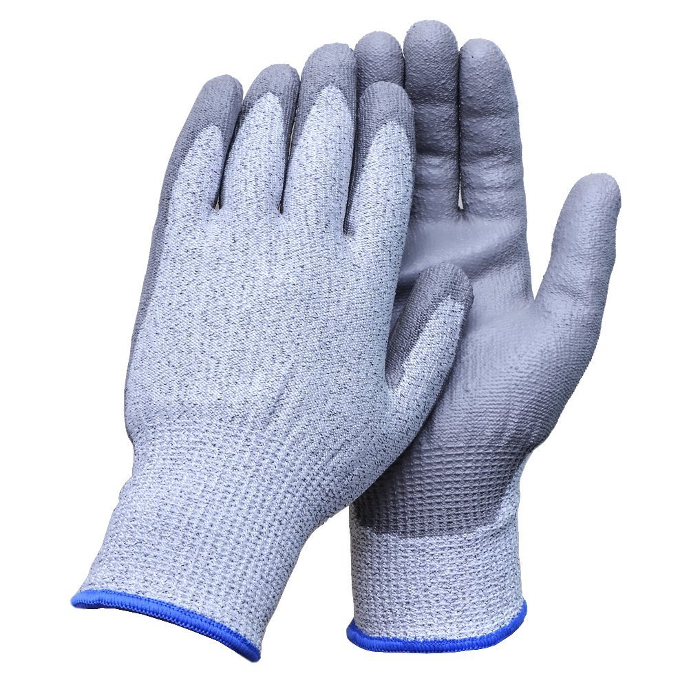 Aituo 1 Pair Pu Coated Cut Resistant Gloves Safety Protective En388 Cut Level 5 Protection, Anti-Slash Kitchen or Industry Cut Safe Work Gloves (Larger-Grey)