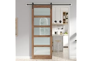 FREDBECK 36in x 96in Glass Barn Door Glass Door with 6.6FT Barn Door Hardware Kit & Handle Included,5-Panel Frosted Glass, Water-Proof Surface,Pre-Drilled Holes,Need Assembly