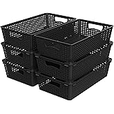 Simple Houseware Stackable Plastic Woven Basket Organizer, 6 Pack, 14.5" x 8.5" x 3.5", Black