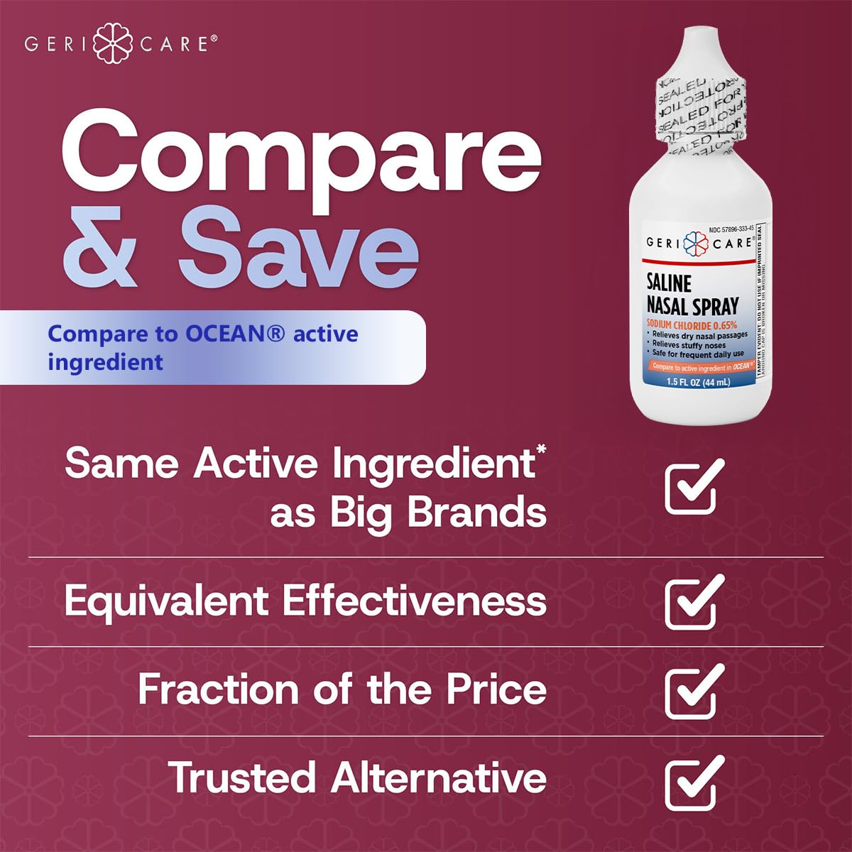 GeriCare Saline Nasal Spray 1.5 FL OZ Moisturizing Sodium Chloride 0.65% (Pack of 6)