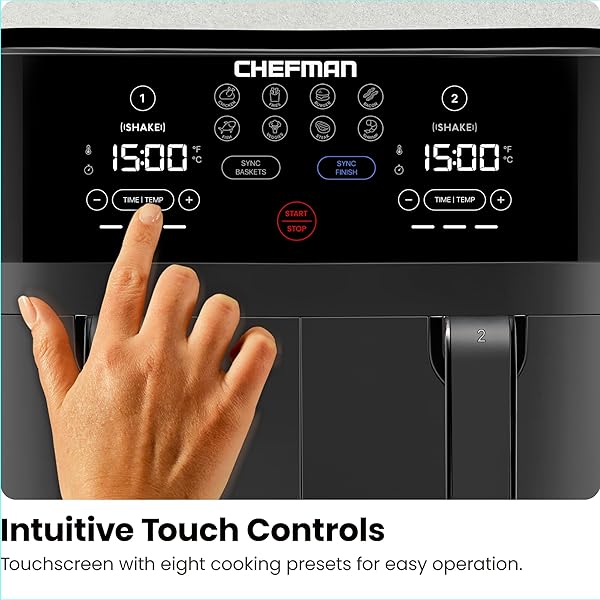 CHEFMAN TURBOFRY TOUCH DUAL AIR FRYER, MAXIMIZE THE HEALTHIEST MEALS WITH DOUBLE BASKET CAPACITY, ONE-TOUCH DIGITAL CONTROLS AND SHAKE REMINDER FOR THE PERFECT CRISPY AND LOW-CALORIE FINISH