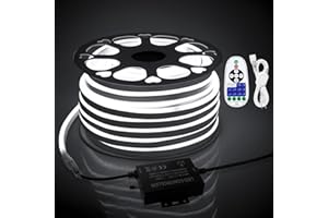 Samsion 45m Outdoor Neon LED Rope Lights Waterproof 150ft AC 110V~130V Cold White Neon LED Flexible Rope Light with Dimmable Controller LED Strip Light for Outside Bedroom Wall Garden Building Yard