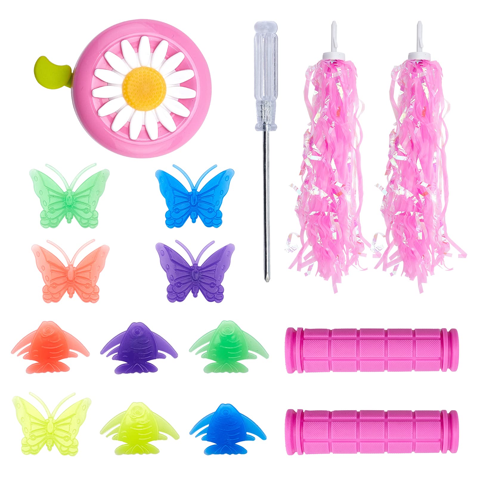 SUPERFINDINGS Bicycle Spoke Decoration Kit Bike Accessories Include Screwdrive Bicycle Tassel Ribbon Butterfly Fish Bicycle Wheel Spoke Beads and Bicycle Bell Handle Covers