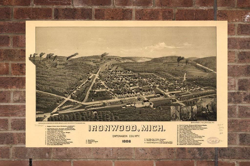Retro Printing Company Vintage Ironwood Map, Aerial