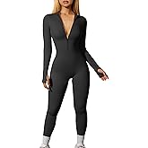 OQQ Women Yoga Jumpsuits Workout Ribbed Long Sleeve Zip Front Sport Jumpsuits
