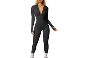 OQQ Women Yoga Jumpsuits Workout Ribbed Long Sleeve Zip Front Sport Jumpsuits
