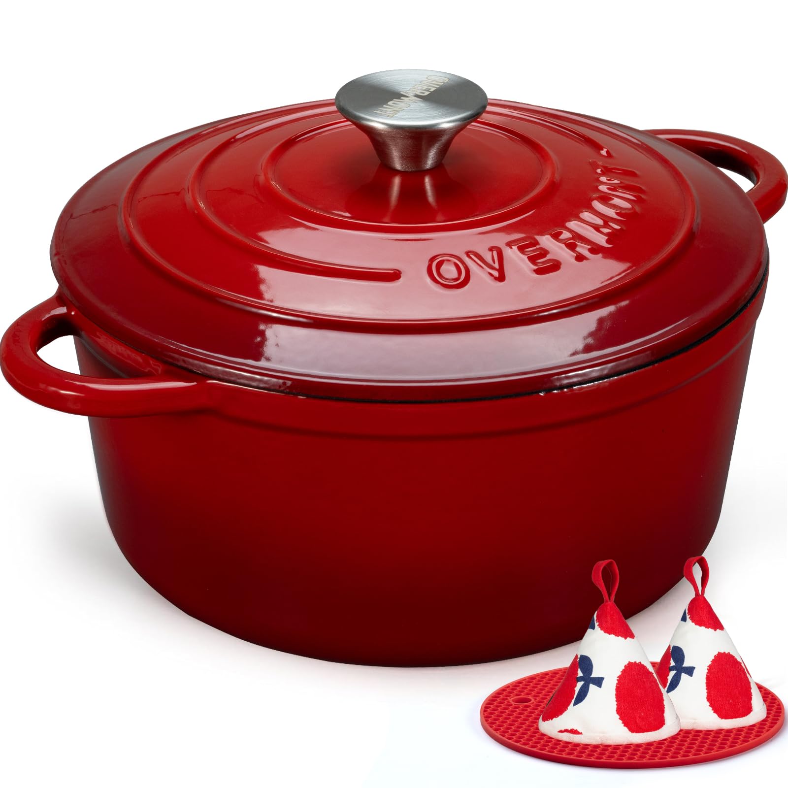 Photo 1 of Overmont Enameled Cast Iron Dutch Oven - 7QT Pot with Lid Cookbook & Cotton Potholders - Heavy-Duty Cookware for Braising, Stews, Roasting, Bread Baking red