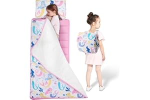 Safotad Toddler Nap Mat with Removable Pillow and Plush Blanket - 54" x 33"for Kids Ages 3-6 Years - Soft Kids Sleeping Bag for Toddlers - Roll Up Design Great for Preschool, Daycare