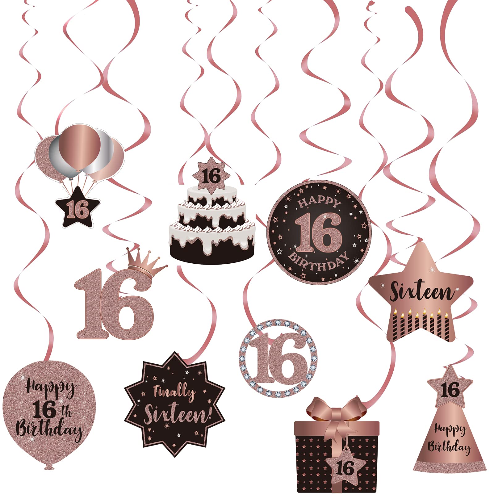 Happy 16th Birthday Party Hanging Swirls Streams Ceiling Decorations, Celebration 16 Foil Hanging Swirls with Cutouts for 16 Years Old Rose Gold Birthday Party Decorations Supplies
