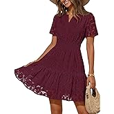MEROKEETY Women's Spring Summer Lace Boho Dress 2026 Short Sleeve Eyelet Floral Ruffle A Line Vacation Beach Mini Dresses