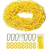 Yellow Plastic Chain - 32 50 65 Feet Plastic Safety Barrier Chain for Crowd Control, Parking Barrier and Delineator Post with Base - Safety Security Chain with Accessories