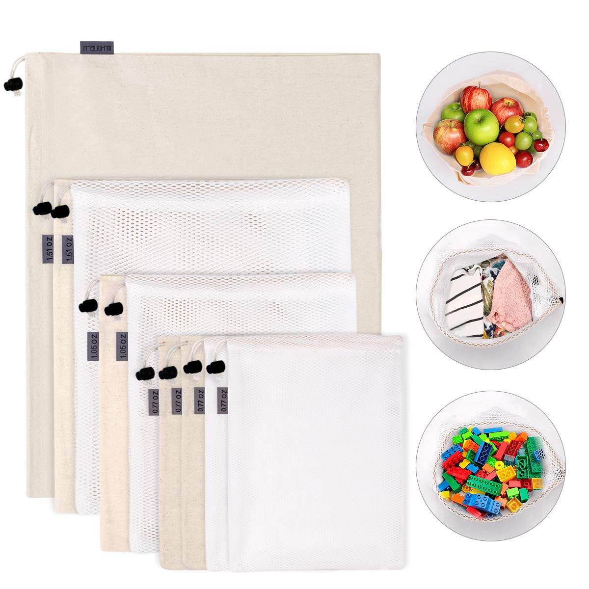 Reusable Produce Bags,WU-MINGLU Eco-Friendly Organic,Safe Freshness, 4 Sizes Muslin Cotton Drawstring & Premium Mesh Bag Set, Washable For Grocery Shopping,Storage and Vegetables(9Pack)