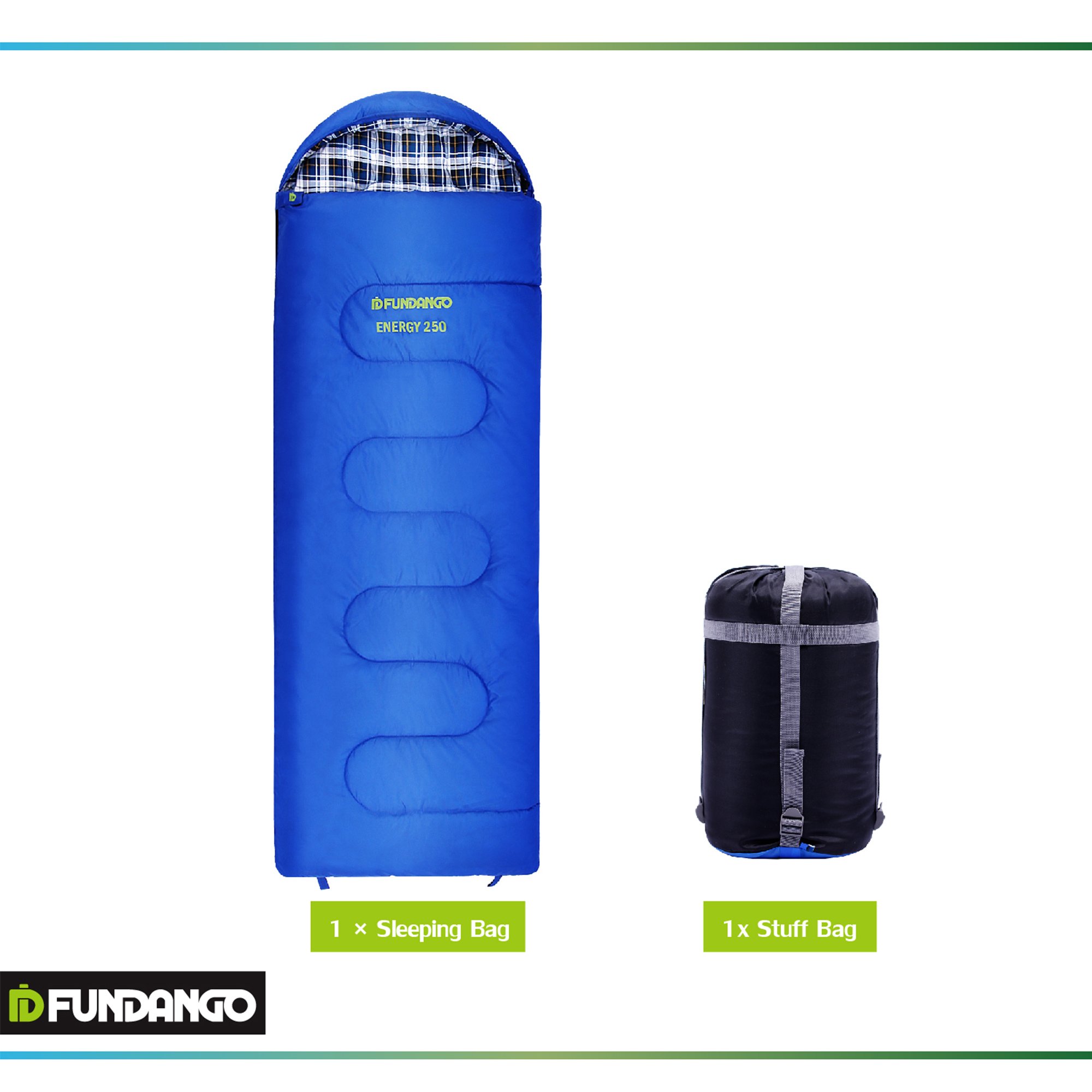 FUNDANGO ENERGY 250 Envelope Lightweight Sleeping Bag for Outdoor Camping, Backpacking, 7 degree C / 44 degree F, (180 + 30) × 75 cm / (70.8 + 11.8) × 29.5 inches, 1.4 kg / 3.1 lbs