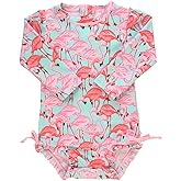 RuffleButts Baby Girls UPF 50+ Sun Protection Tropical Print Long Sleeve One Piece Rash Guard Swimsuit with Zipper - Fab Flamingo X, 3T