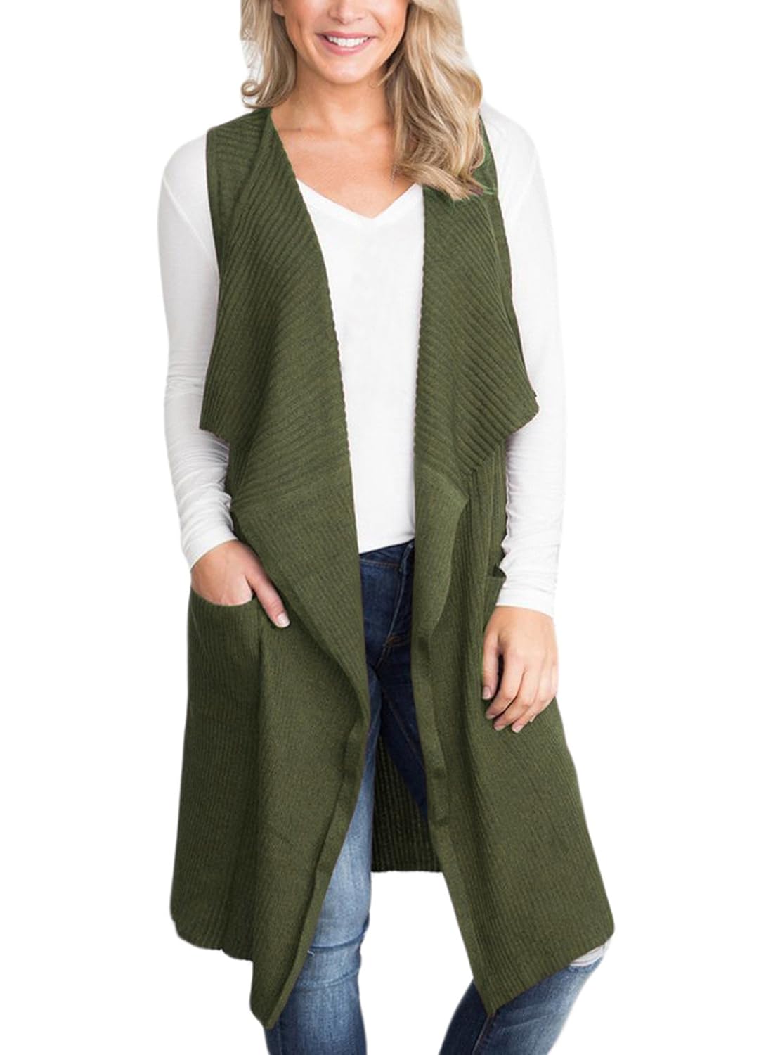 Sidefeel Women Sleeveless Open Front Knitted Long Cardigan Sweater Vest
