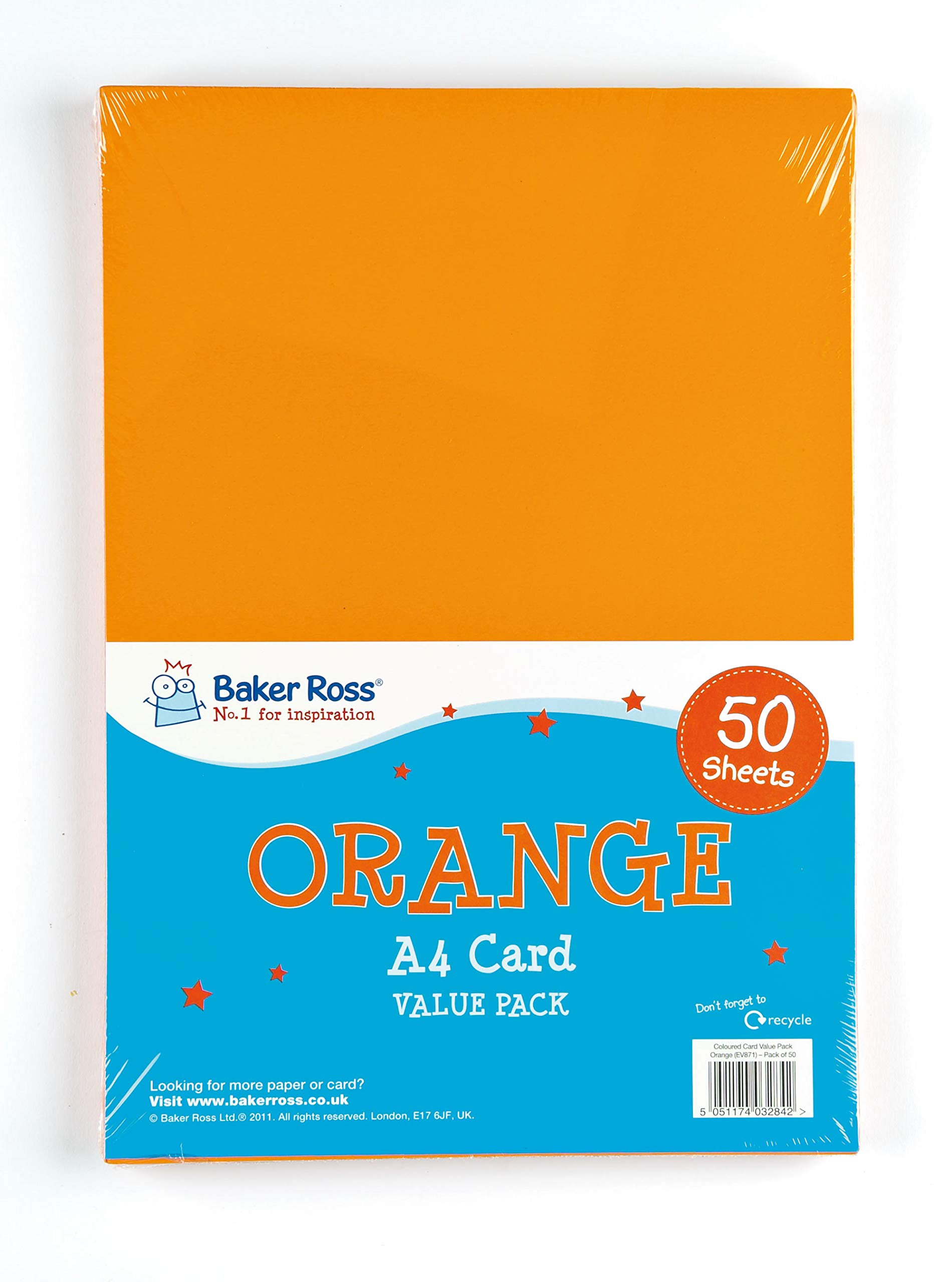 Baker Ross A4 Orange Coloured Card (Pack of 50, 220gsm) For Crafting, Printing Activities Arts & Crafts Room Essential EV871