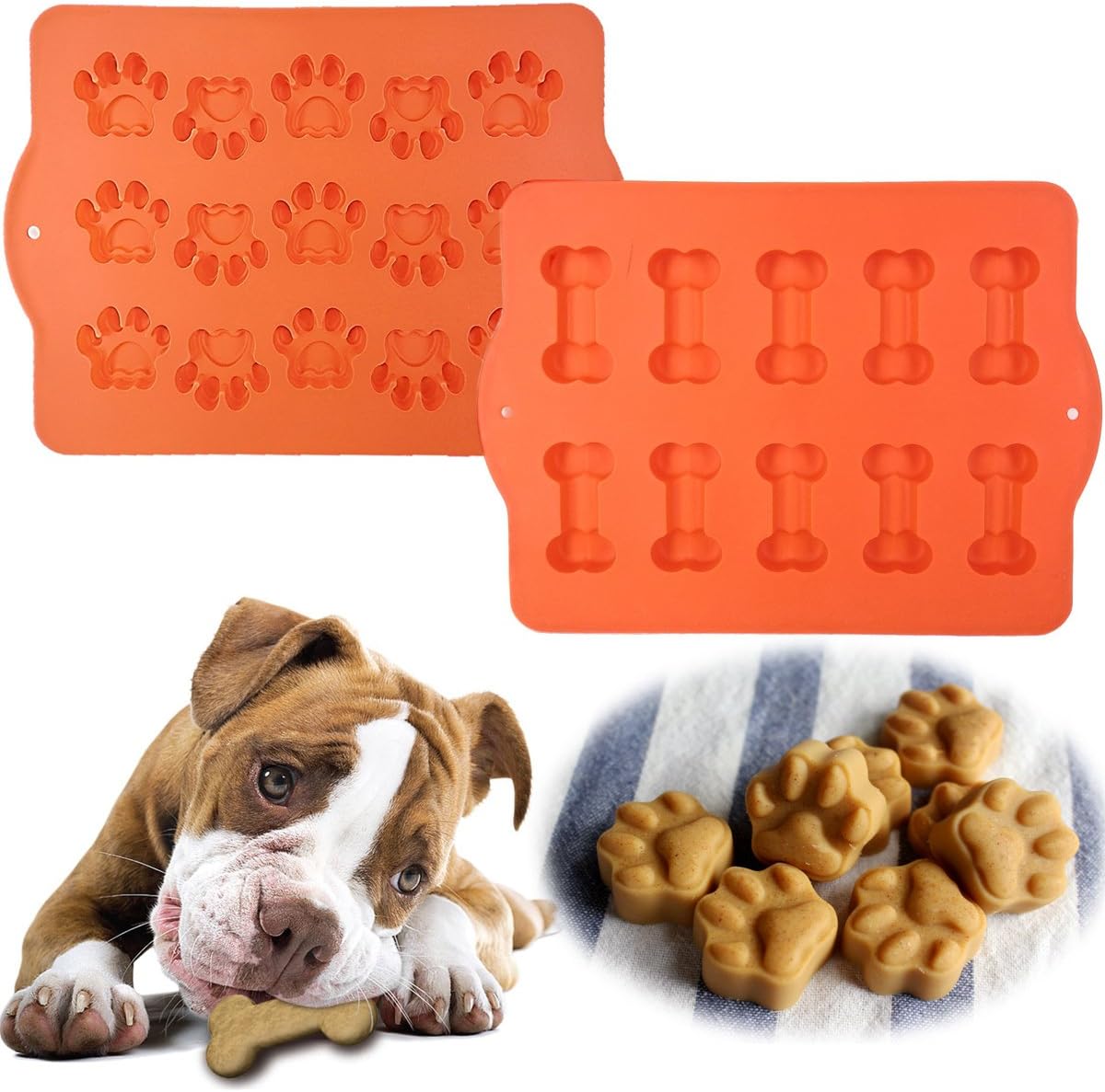 Hugs (2 Pack Silicone Dog Treat Pans, 1 Bone Tray & 1 Paw Print Tray, Baking Molds for Pets, Freezer Tray Or Oven Sheet