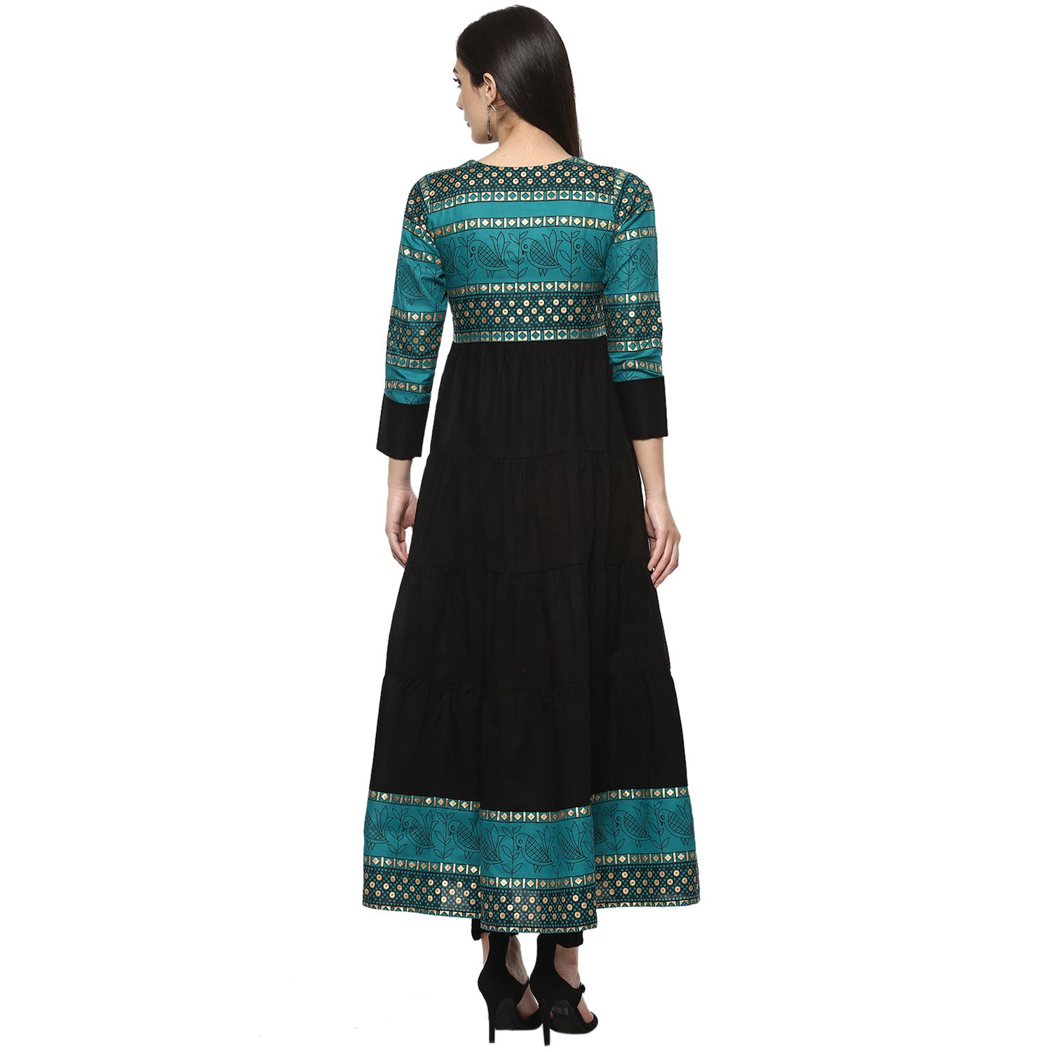ives anarkali green cotton tribal printed casual kurti for women