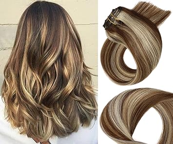 Amazon Com Clip In Extensions Human Hair Medium Brown With Blonde