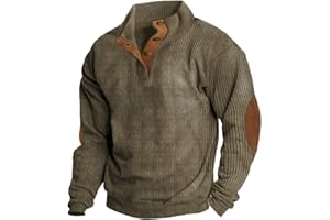 Alalaso Mens Corduroy Shirt Lapel Collar Button Up Pullover Long Sleeve Sweaters Polo Sweatshirts with Elbow Patches
