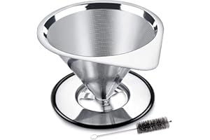 LHS Pour Over Coffee Dripper Stainless Steel Coffee Filter Metal Cone Filter Paperless Reusable Coffee Filter Single Cup Coffee Maker 1-2 Cup With Non-slip Cup Stand and Cleaning Brush