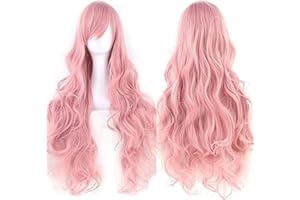 IMISSU 80cm Long Curly Natural Hair Cosplay Wig with Bangs Colorful Halloween Costume Party Wigs for Women (Pink)