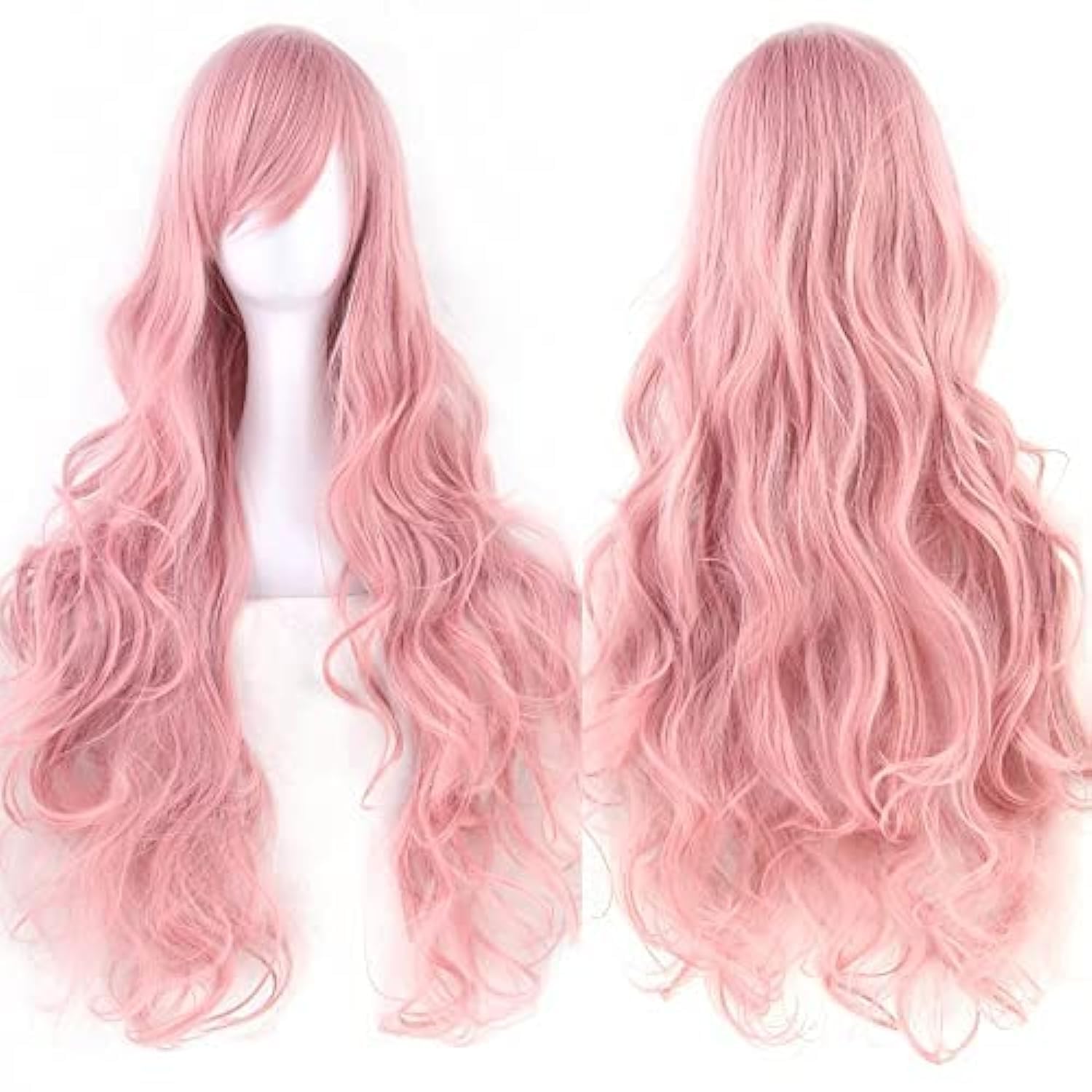 IMISSU 80cm Long Curly Natural Hair Cosplay Wig with Bangs Colorful Halloween Costume Party Wigs for Women (Pink)