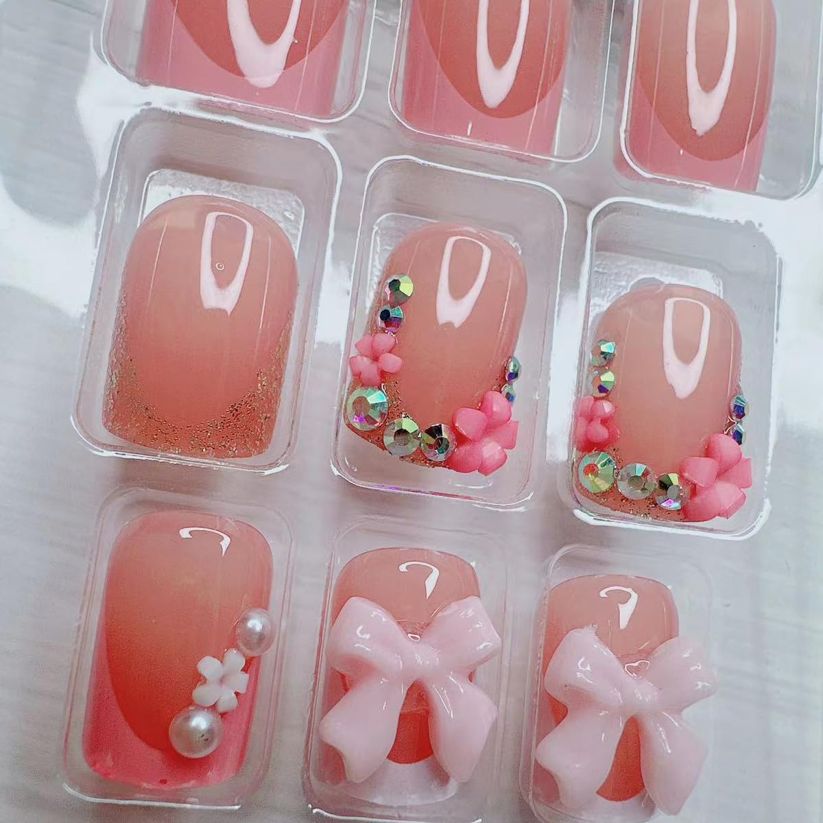 24pcs French Tip Press-On Nails - Short, Charms, Bow, Flower Design, Pink, Cute, Square Shape, Acrylic, Rhinestones - Image 4