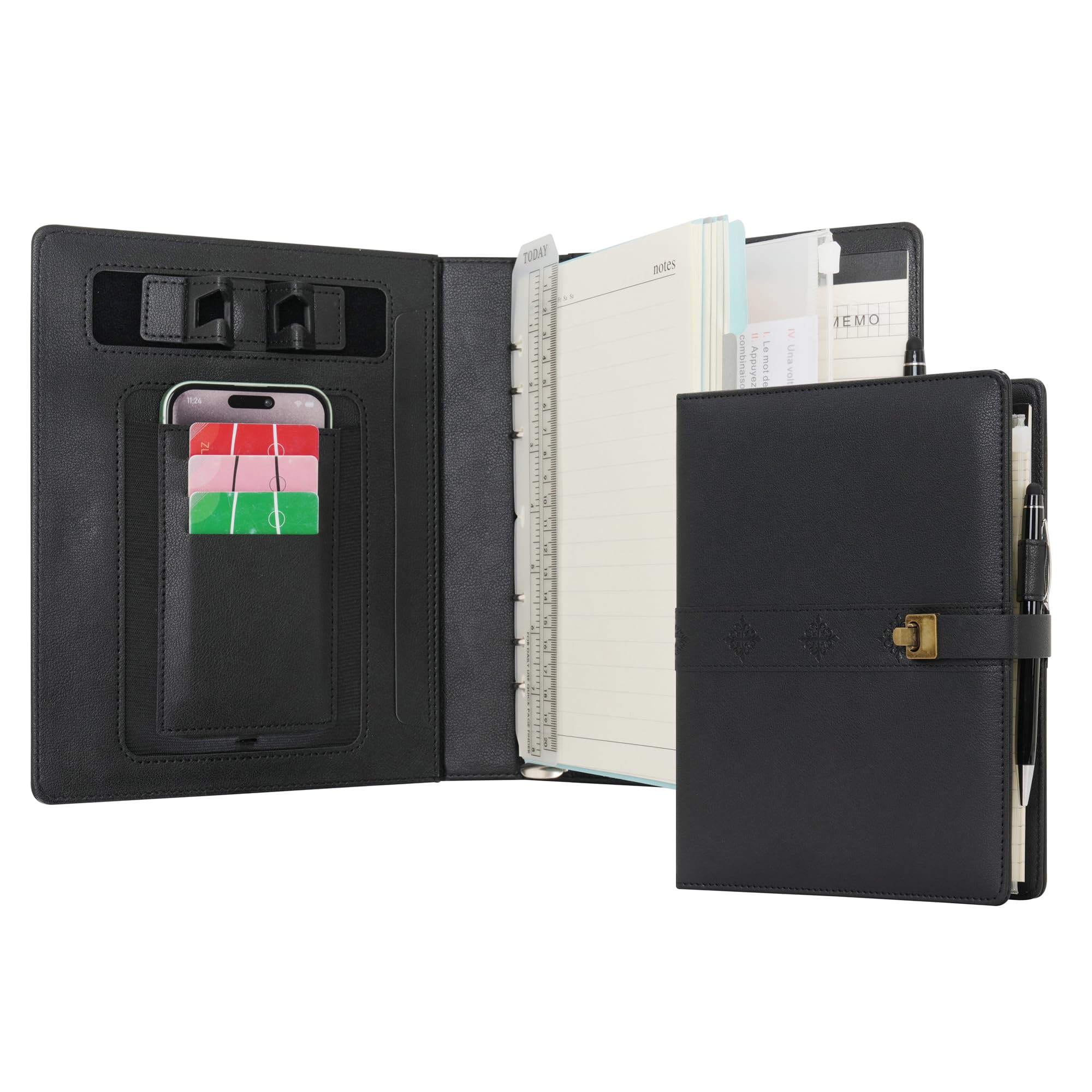 WASON A5 Diary PU Leather Composition Notebook Ruled Binder Journal with Pen, Refillable Paper, Removable Clipboard Portfolio, Notepad for Business Travel School Planner Organizer (Black)