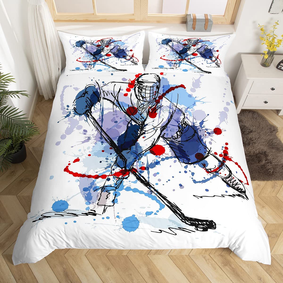 Graffiti Ice Hockey Duvet Cover Set Winter Sport Bedding Set for Kids Boys Girls Graffiti Pattern Comforter Cover Ice Hockey Duvet Cover Double Size — image 1