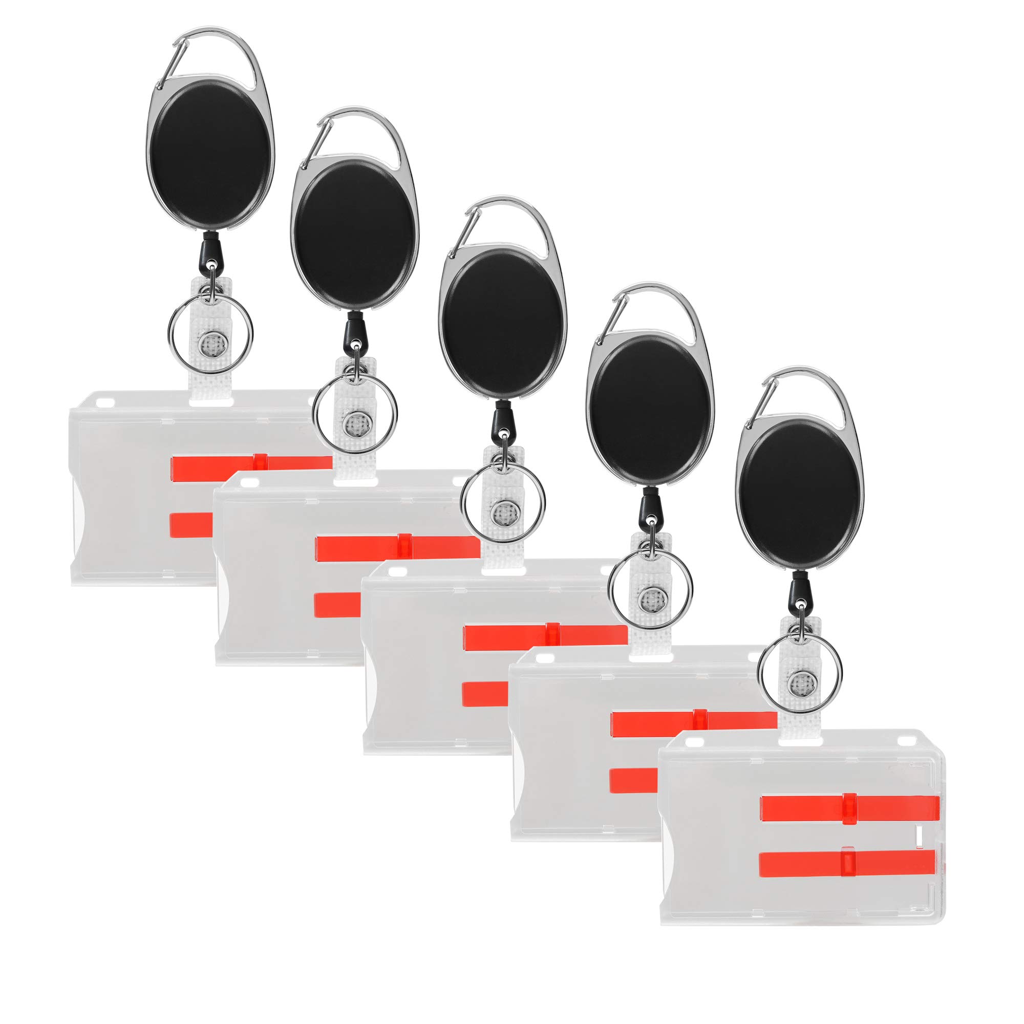 5 Pack Retractable Badge Holders with ID Card Holders - 5 Badge Reels w/Carabiner Clip - 5 horizontal ID Card ejector slider Holder Out Tab Badges with slides